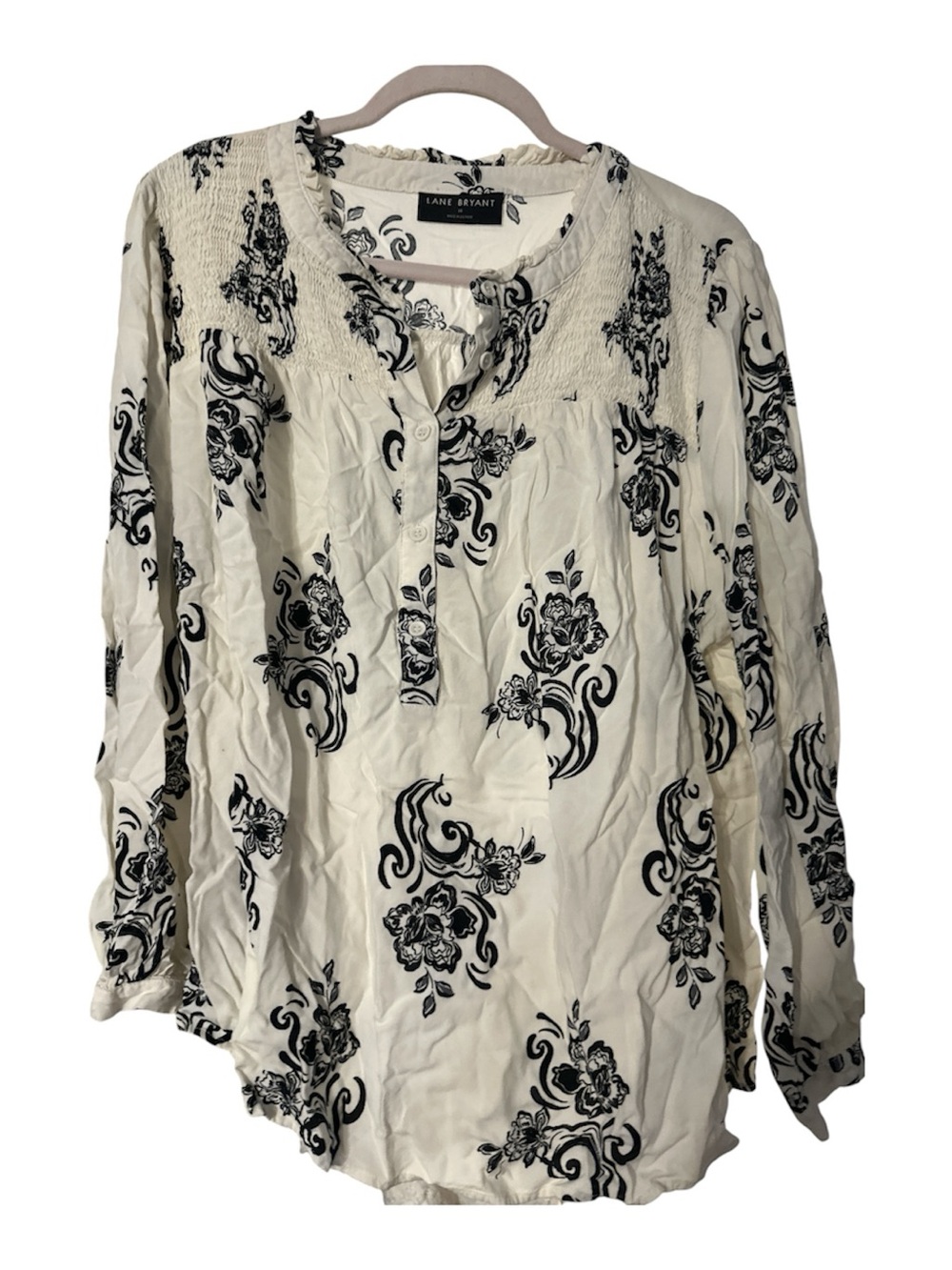 Lane Bryant Cream and Black Floral Button-Front Peasant Blouse 18 rayon new